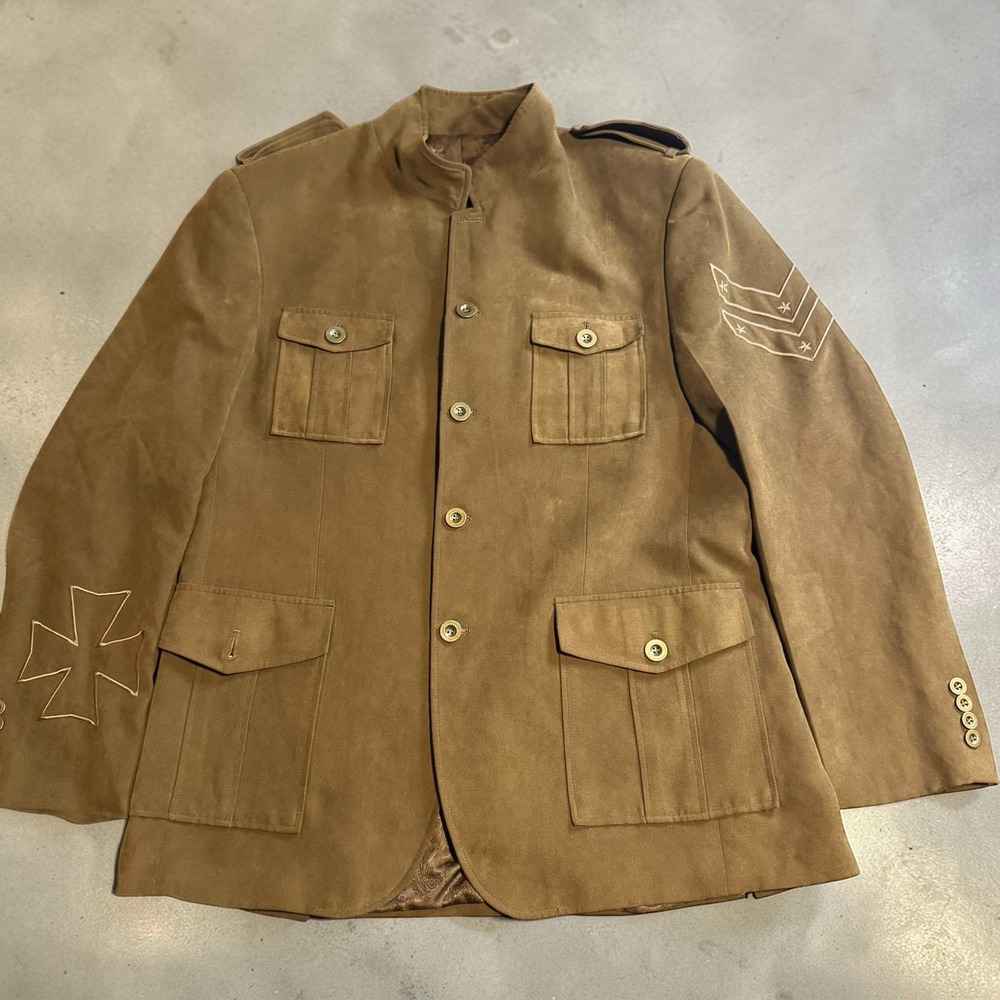 Empra Military Style‎ Jacket Mens Brown Embroidered Cross Vintage Biker Coat